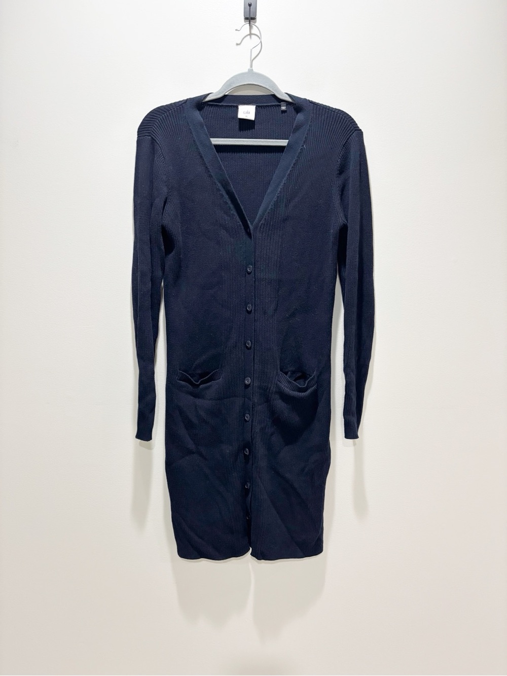 CAbi Counsel Cardigan Longline Ribbed Navy Button-Front Cardigan Duster Sweater